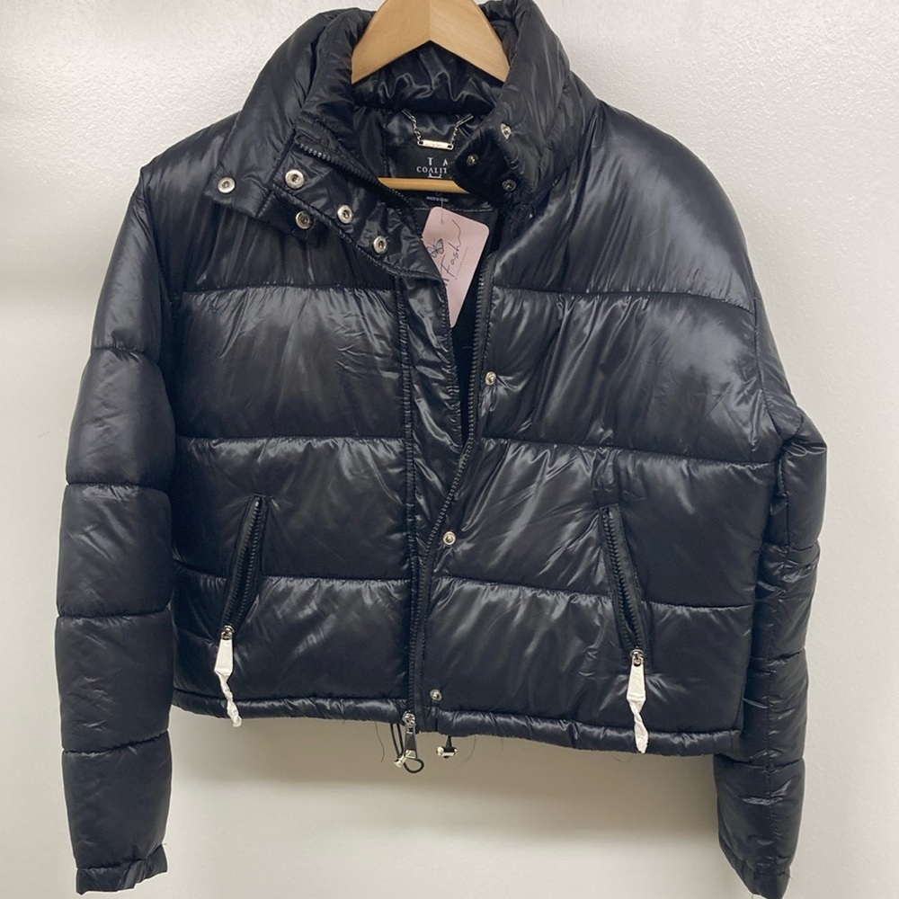 Black Puffer Jacket LA Coalition Coat Size M NWT Silver Hardware